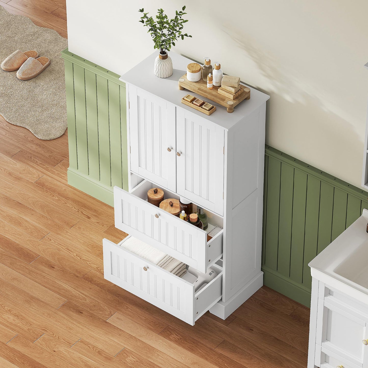 Treocho Bathroom Floor Cabinet, Bathroom Storage Cabinet with Drawers and Adjustable Shelf, Freestanding Cupboard Pantry for Kitchen, Living Room, Dining Room, White