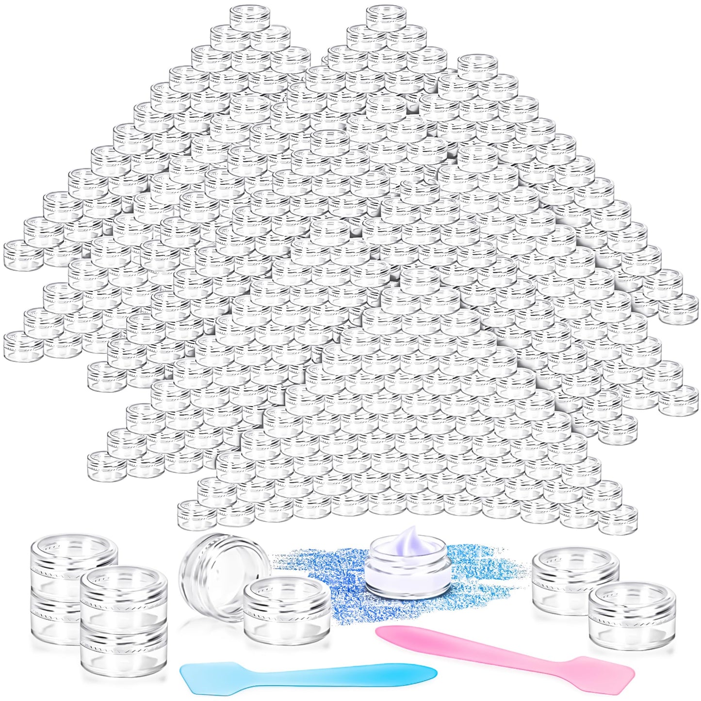 MotBach 200 Pack 5g Plastic Jars with Lids, 5ml Round Clear Cosmetic Containers Makeup Jars, 5gram Travel Size Container Jar with Spatulas for Makeup Sample Lotion Cream Ointment Salve Balm Powder
