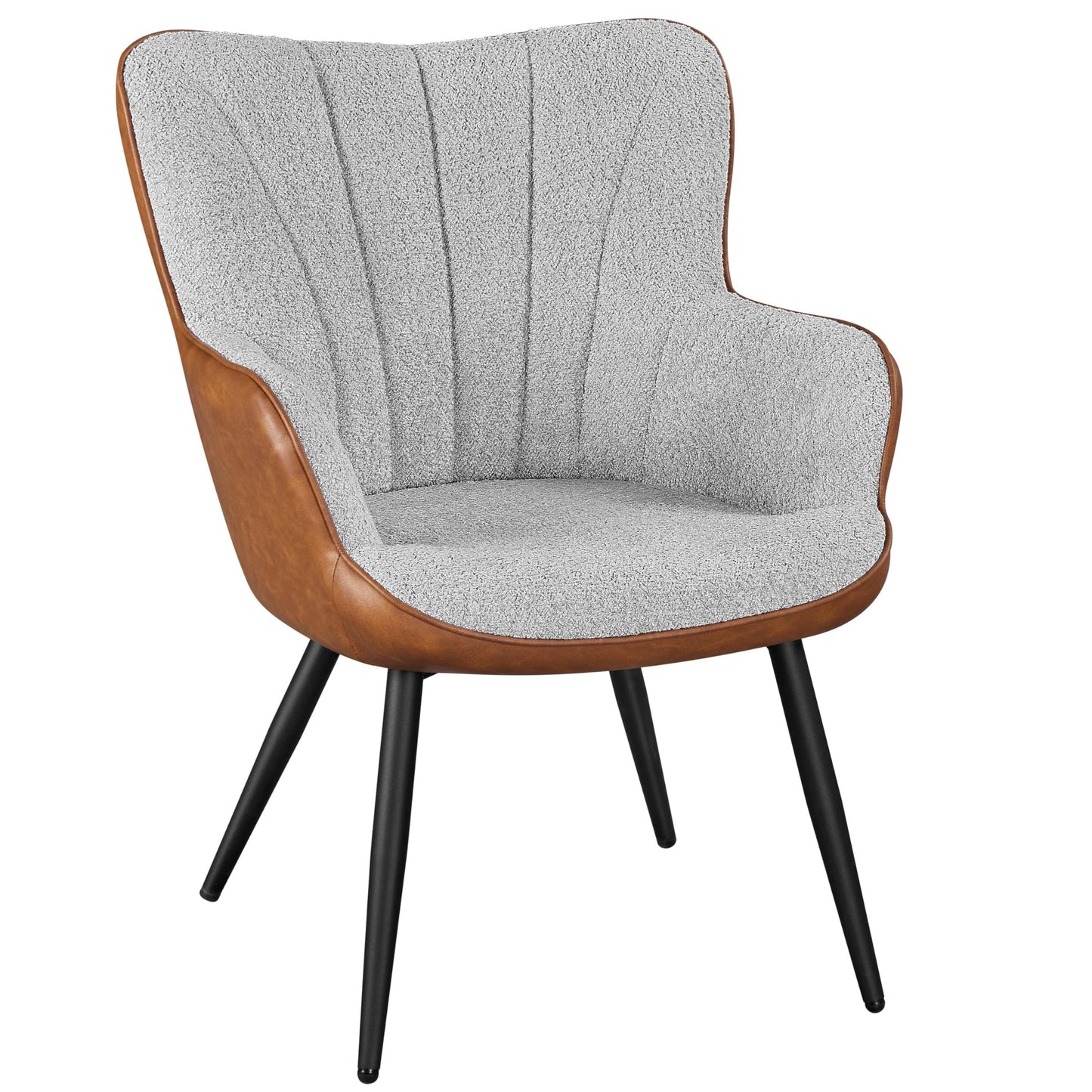 Yaheetech Accent Chair, Modern Fuzzy Boucle Fabric and Faux Leather Armchair, Upholstered Vanity Chair with High Curved Back and Metal Legs for Living Room Makeup Bedroom, Gray/Retro Brown