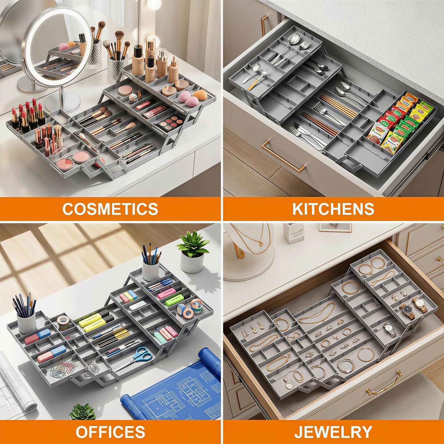 Miriam Song Expandable Multi Level Drawer Organizer – Smart Double Row Foldable Tray, Desk & Junk Drawer Storage for Jewelry, Cosmetic, Office Supplies, Kitchen Utensils & Craft Organizer (3 Tier)