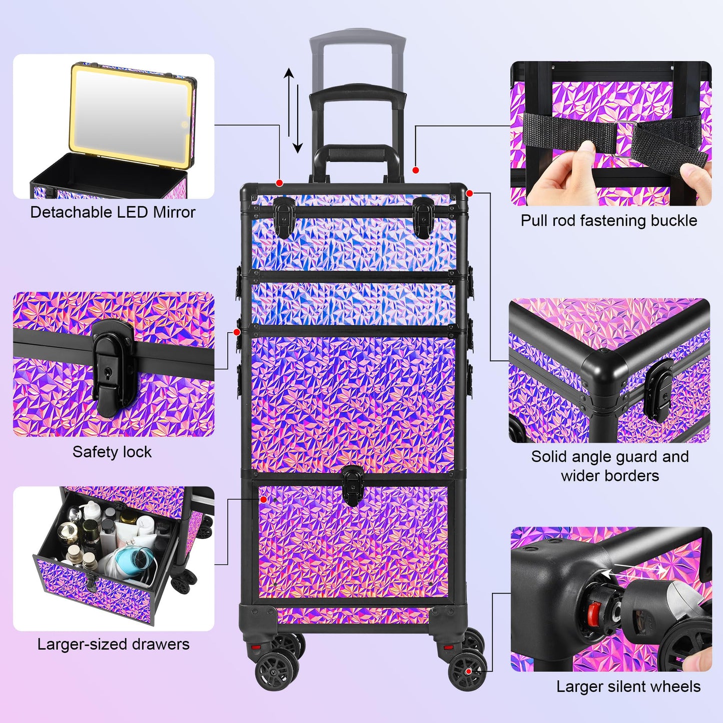 GALHUBIS Rolling Makeup Case with Lighted Mirror, Makeup Train Case with Large Drawer, Cosmetology Case, Travel Makeup Organizers, Professional for Salon Barber, Nail, Tattoo, Multicolor Purple