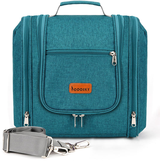 COOSKY Hanging Travel Toiletry Bag for Women and Men, 6 Organizer Compartments, Large Toiletries essentials, Bathroom Cosmetic Accessories, Water-resistant Makeup Bag, Holds Full-Size Shampoo, Blue