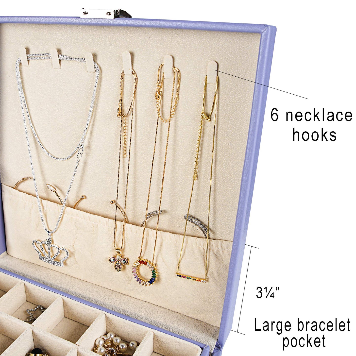 Frebeauty Earring Organizer Classic Jewelry Box 50 Slots Double Layer Jewelry Storage Case with 6 Necklace Hook and Bracelet Pocket(Purple)