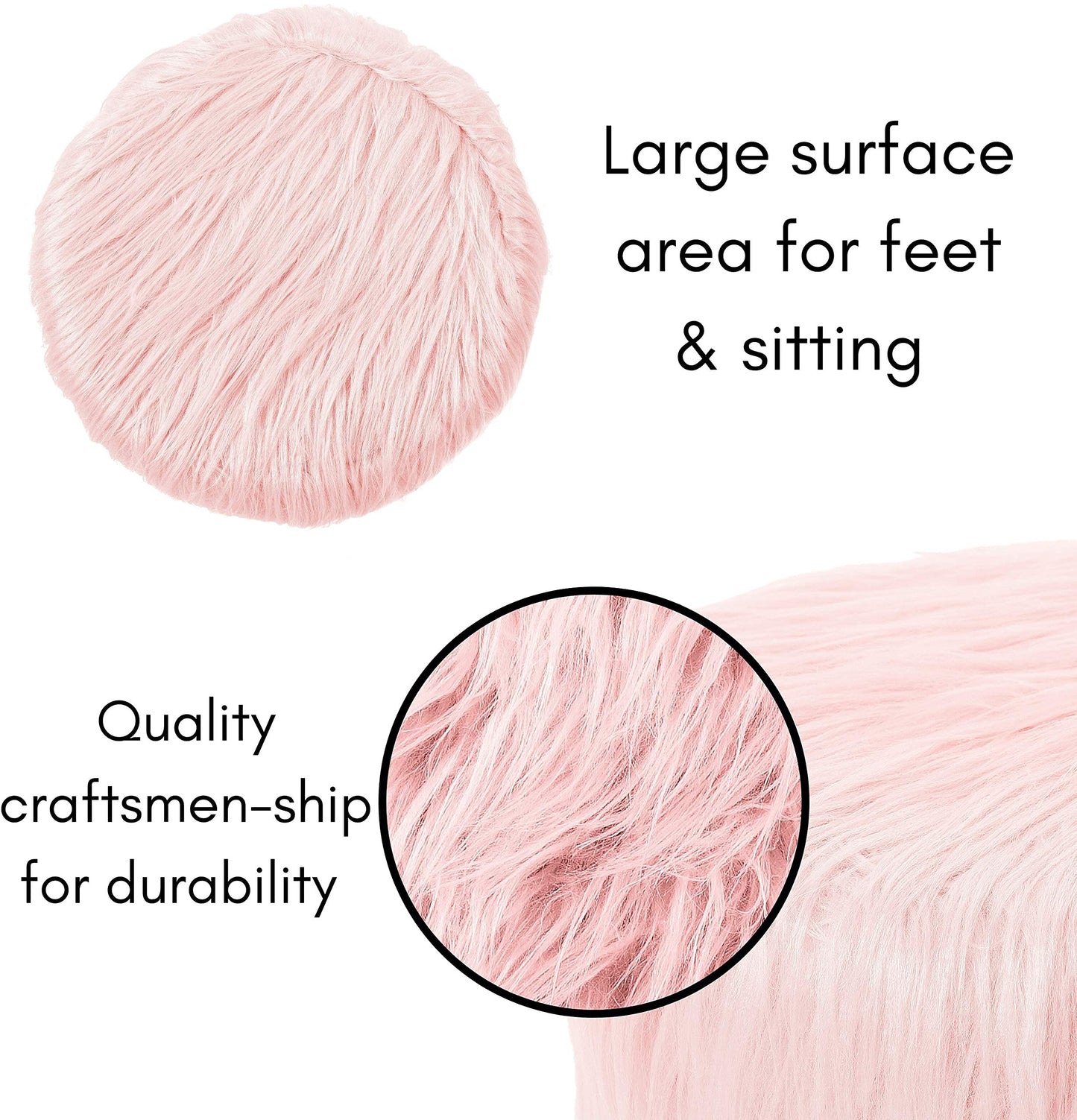 BIRDROCK HOME Faux Fur Foot Stool Ottoman – Upholstered Vanity Chair w/Natural Wood Legs - Soft Compact Padded Seat for Makeup Room, Living Room, Bedroom – Decorative Accent Furniture – Pink