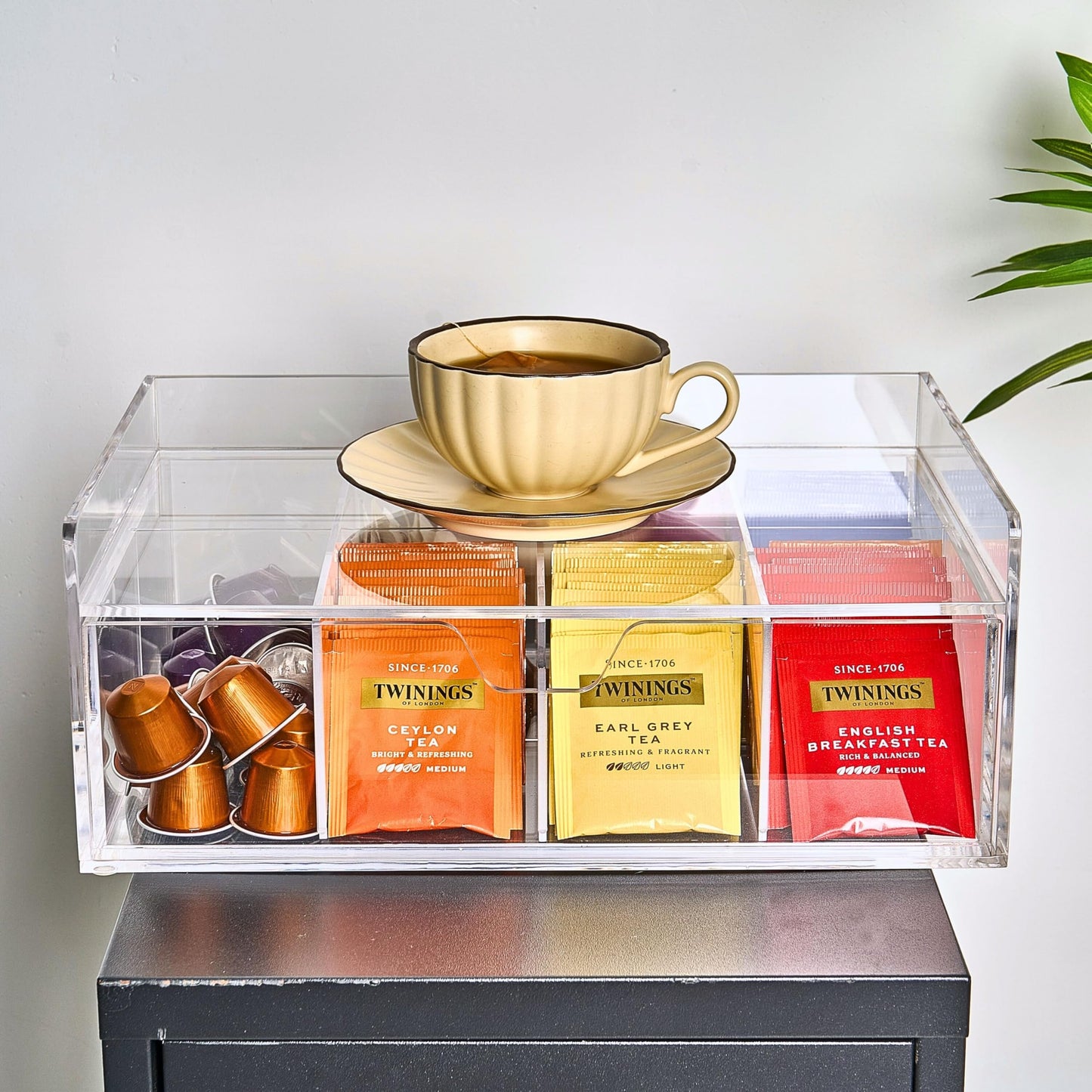 Meicloud Acrylic Tea Station Organizer for Countertop - Tea Bag Organizer Drawer, Clear Lucite K Cup and Coffee Pod Storage box with 8 Compartments, Tea Caddy Creamer Holder Display Stand