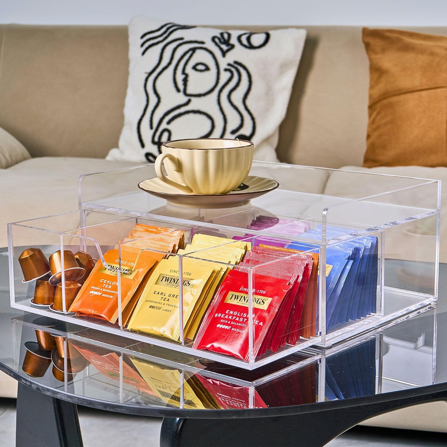 Meicloud Acrylic Tea Station Organizer for Countertop - Tea Bag Organizer Drawer, Clear Lucite K Cup and Coffee Pod Storage box with 8 Compartments, Tea Caddy Creamer Holder Display Stand