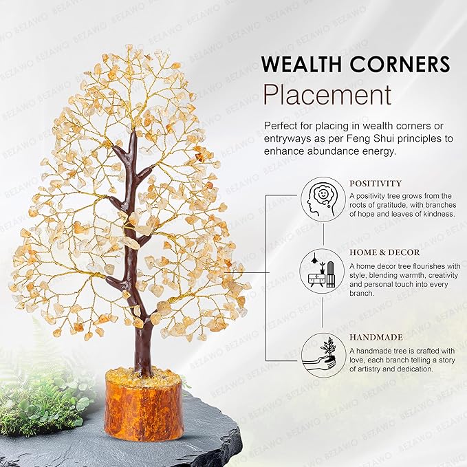 Crocon Citrine Gemstone Tree Feng Shui Figurine Money Bonsai Chakra Balancing Good Luck Prosperity Reiki Healing Crystals Decoration Ornament Sculpture Table Decor Gift Size 10-12"""