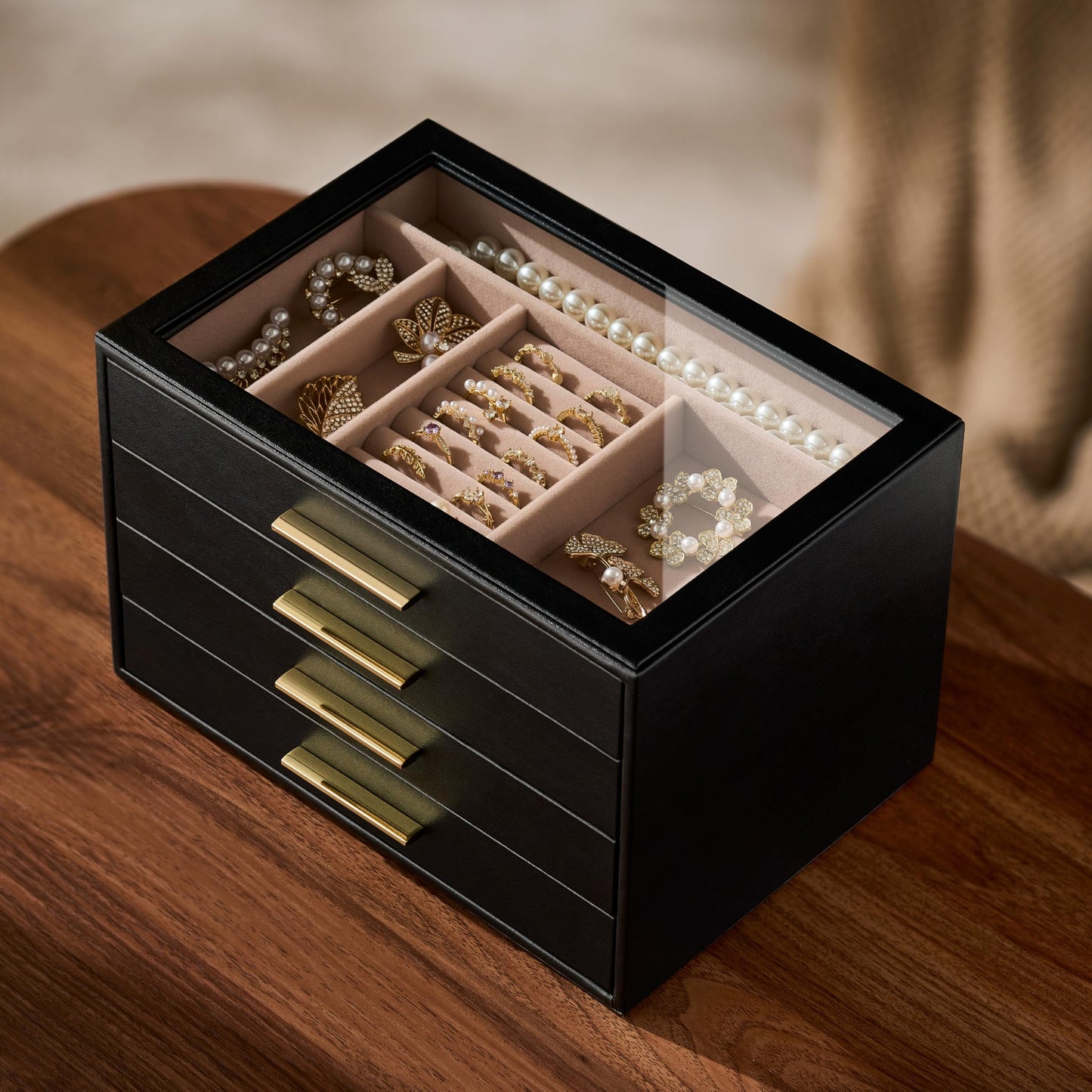 pickpiff Jewelry Box Organizer Case for Women: 4-Layer Jewelry Storage Case with Glass Window, Black Leather with Blush Velvet, Holder for Ring Necklace Bracelet Brooch Watch, Great Gift for Her