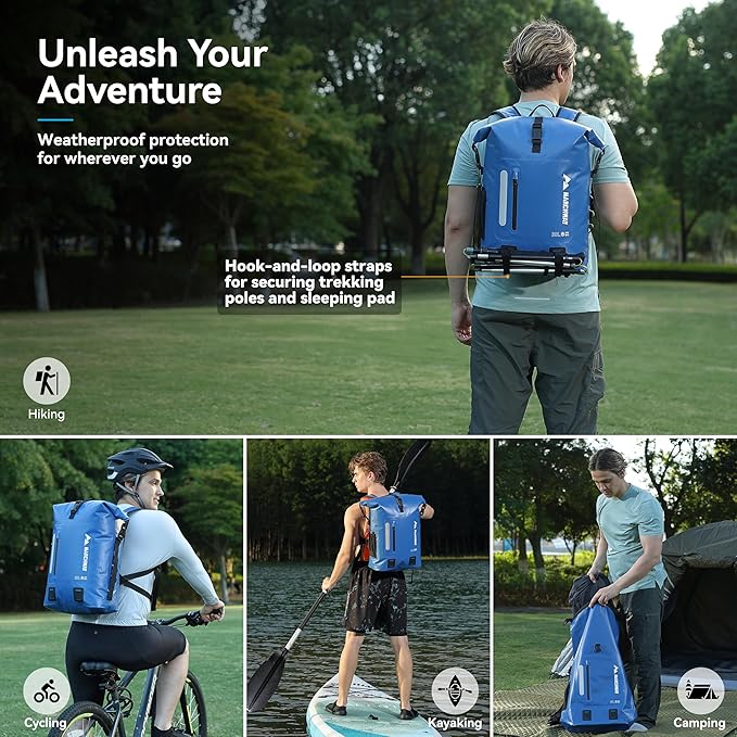 MARCHWAY Roll Top Waterproof Backpack, Floating Dry Bag 20L/30L/45L with Ergonomic Rectangular Base, Cushioned Back, Hip Strap for Hiking Camping Kayaking Travel (Blue, 20L)