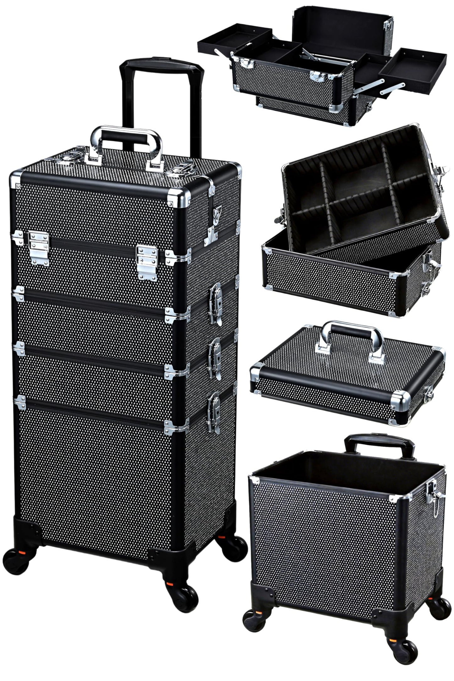 Costravio 5 in 1 Rolling Makeup Case on Wheels Large Cosmetology Case Organizer Beauty Cosmetic Train Case Travel Nail Cart for Make-up Studio Hair Salon, Black Rhinestone