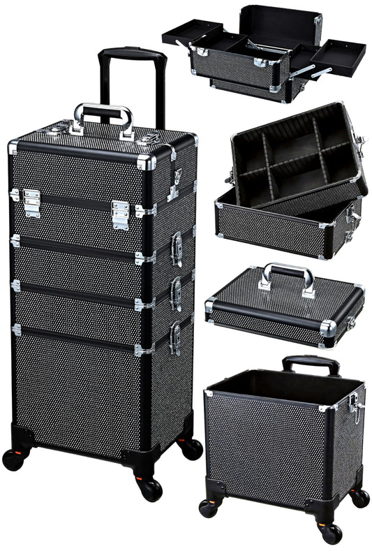 Costravio 5 in 1 Rolling Makeup Case on Wheels Large Cosmetology Case Organizer Beauty Cosmetic Train Case Travel Nail Cart for Make-up Studio Hair Salon, Black Rhinestone