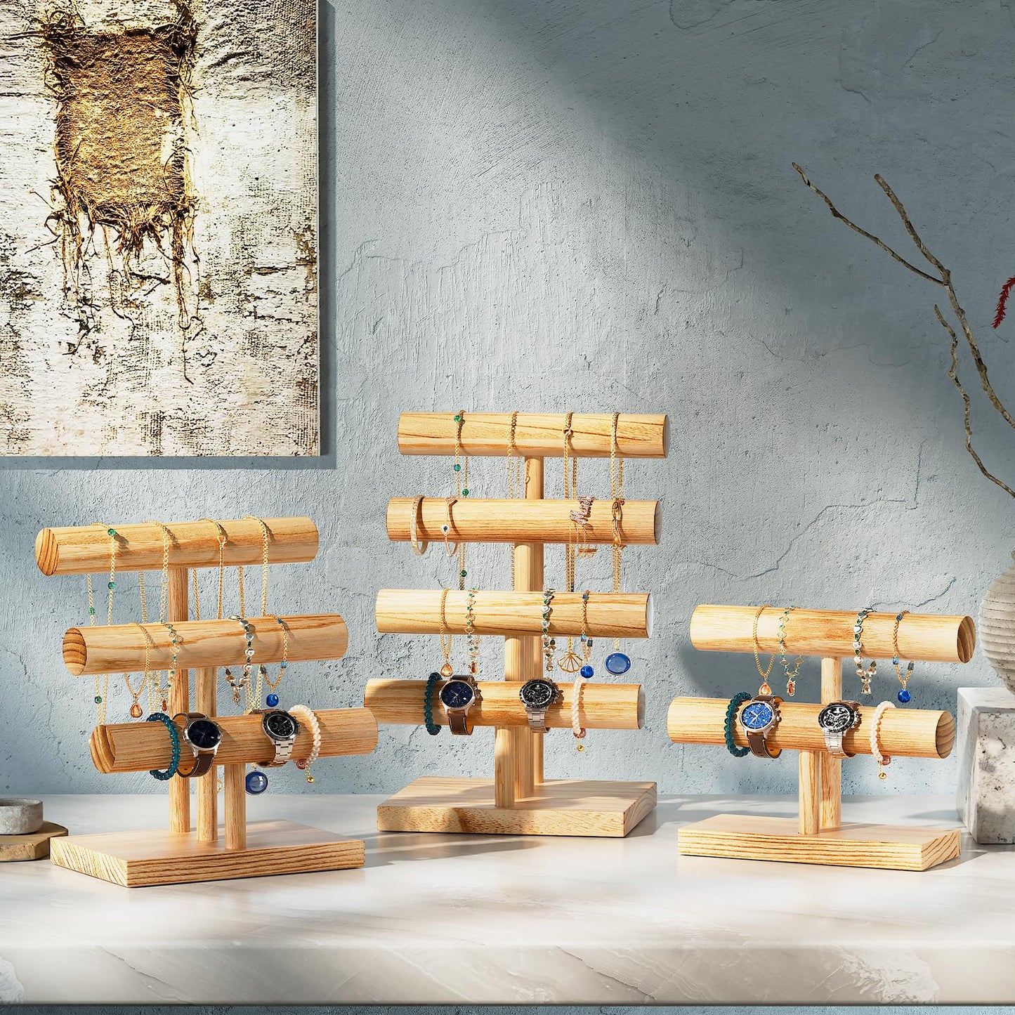 ProCase Bracelet Holder Display Bracelet Organizer, Wooden Bracelet Stand for Selling, T-bar Bangle Storage Rack Wood Watch Display Tower for Business - 2 Tier, Nature