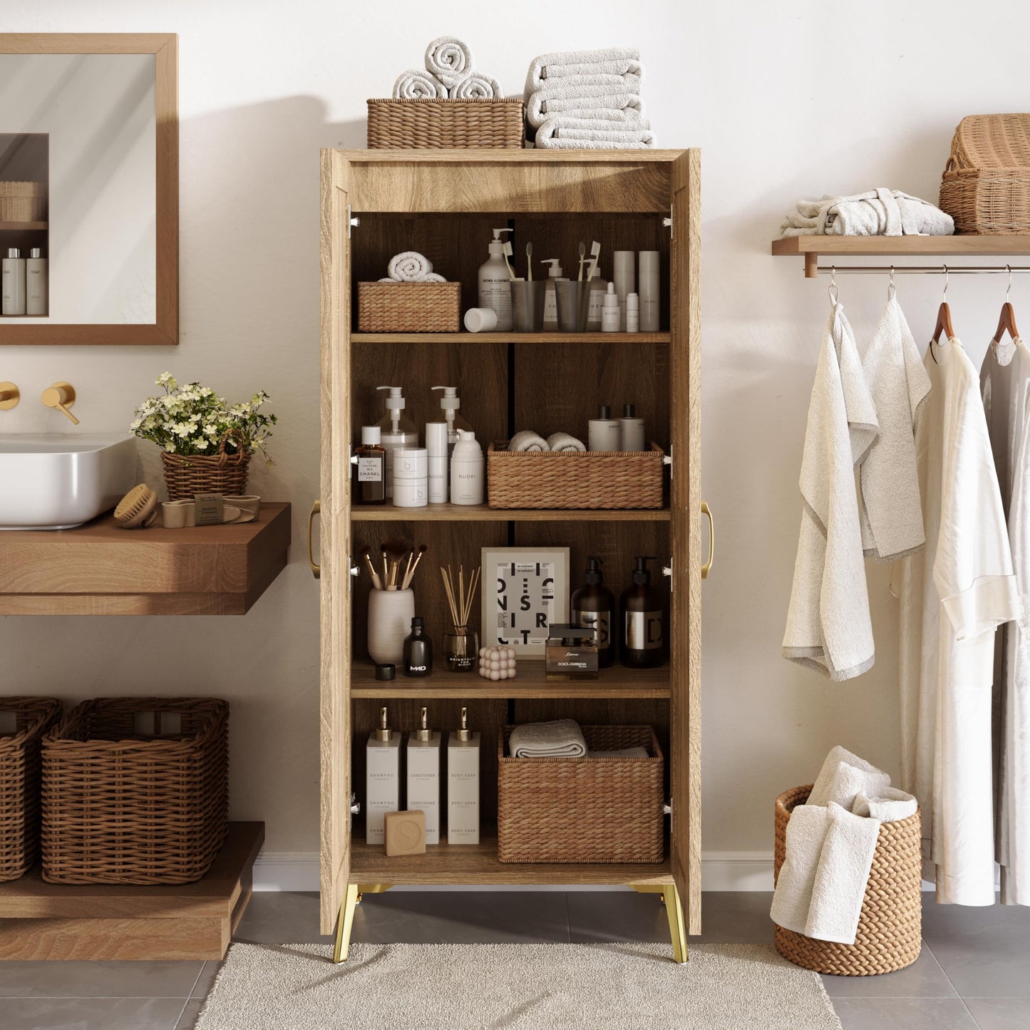 JASIWAY Tall Bathroom Storage Cabinet 57" Rattan Pantry Cabinet, Wood