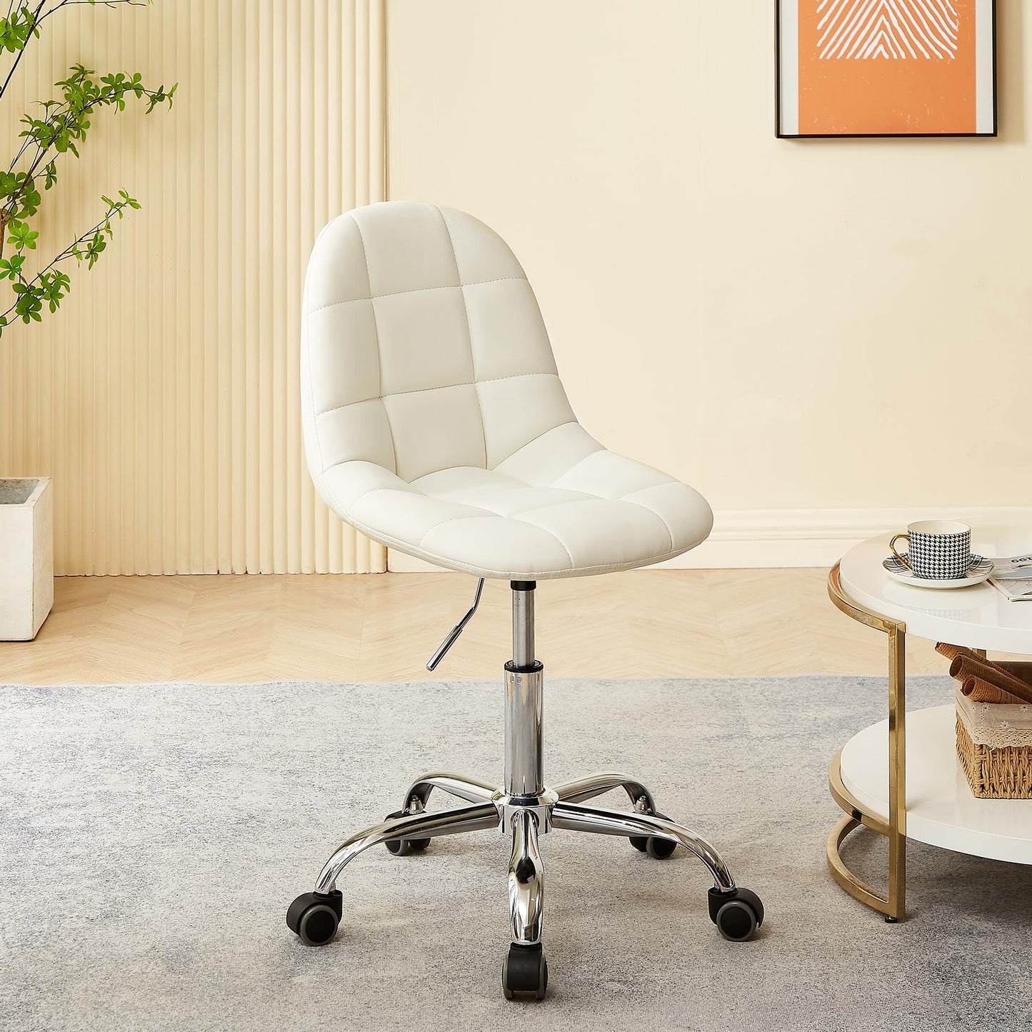 VECELO Stylish Height Adjustable Faux Leather Vanity Chair, Modern Swivel Makeup Chair with Rolling Wheels, Comfortable Padded Task Chair for Bedroom, Dressing Room & Home Office – White