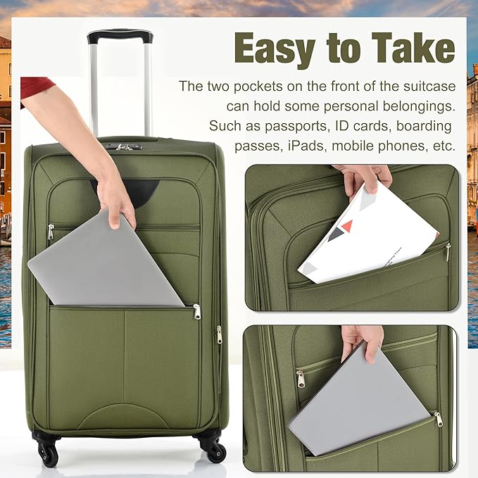 Merax Softside Luggage Set 3 Piece Suitcase with Duffel Bag Spinner Wheels Lightweight Expandable Travel Luggage 22" 26" 30",Army Green