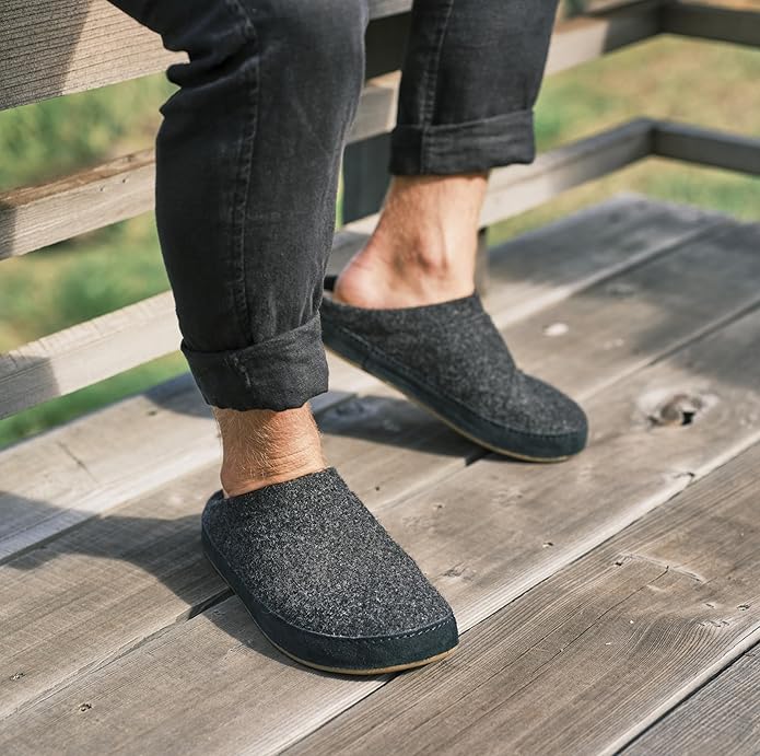 OLUKAI Hamani Hulu Men's Wool Mule Slippers, Soft & Comfortable Slippers with Premium Materials, Sheepskin Shearling & Italian Felt, All-Day Wear, Dk Shadow/Dk Shadow, 8