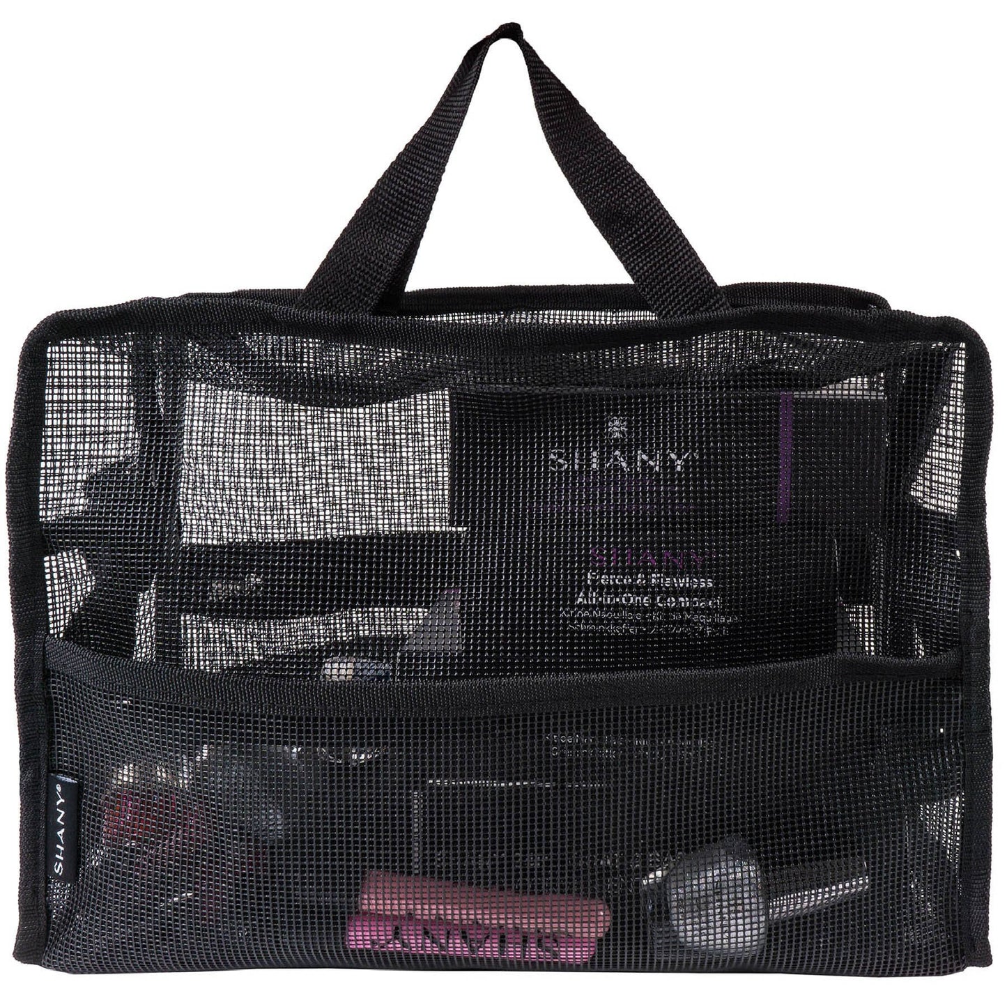 SHANY Collapsible Makeup Tools Travel Mesh Bag – Large See-Thru Travel Tote with Shoulder Straps – Water-Resistant with Zippered Pockets – Black