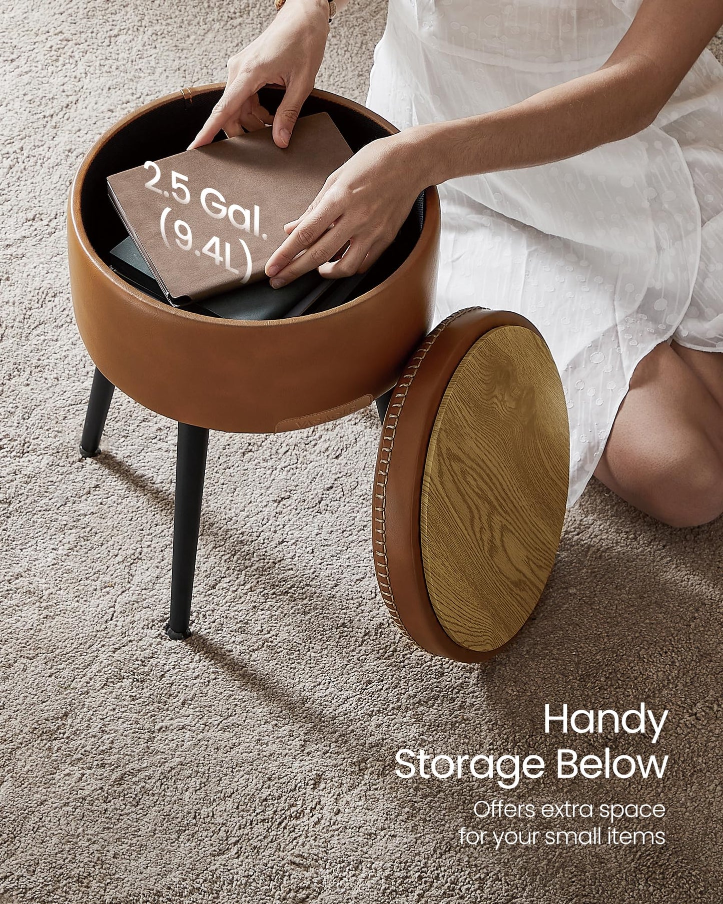 VASAGLE EKHO Collection - Storage Ottoman, Vanity Chair Stool, Synthetic Leather with Stitching, Mid-Century Modern, Round Storage Seat with Steel Legs, Loads 330 lb, Caramel Brown ULOM005KN08