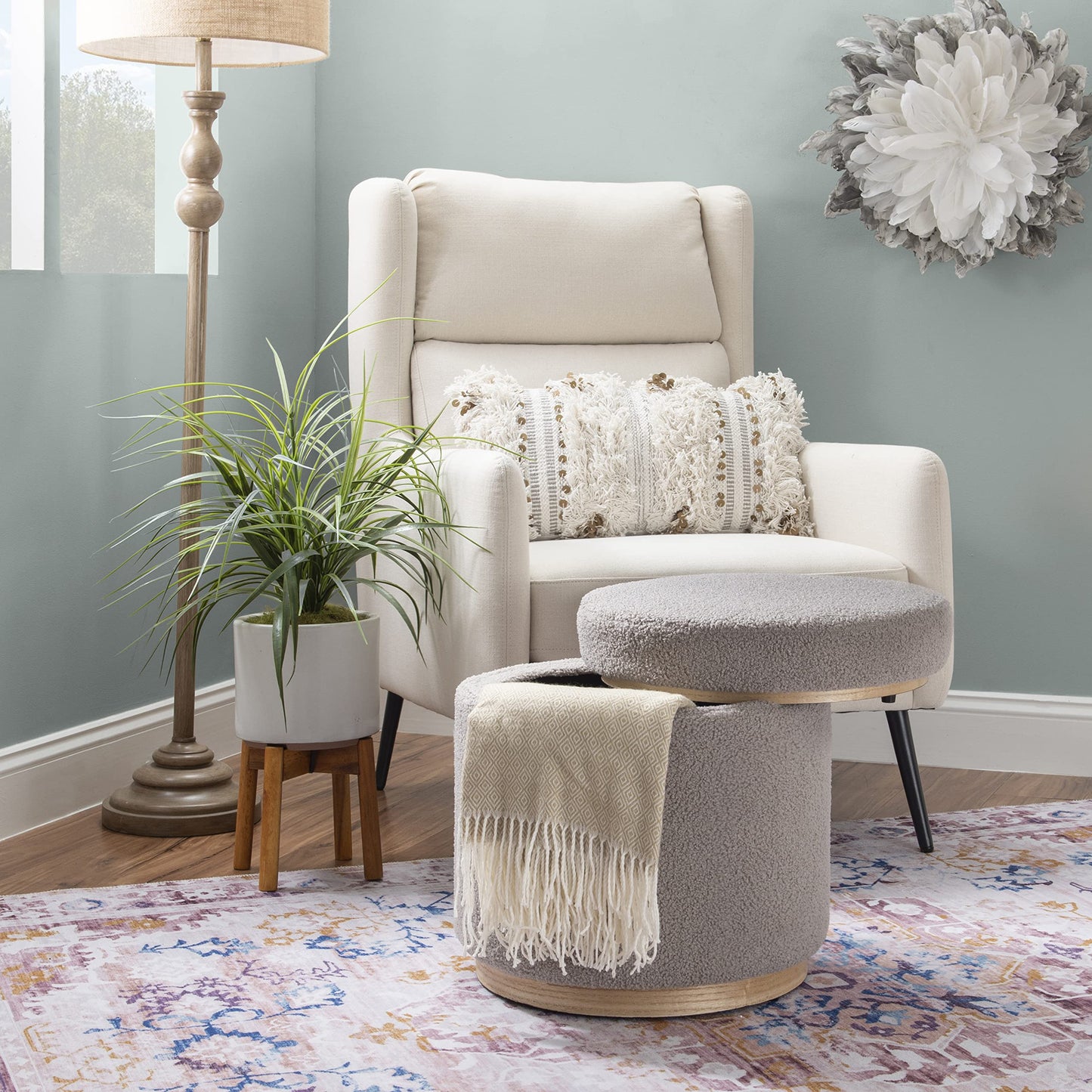 Linon Lexington Grey Sherpa Round Storage Ottoman with Wood Accent