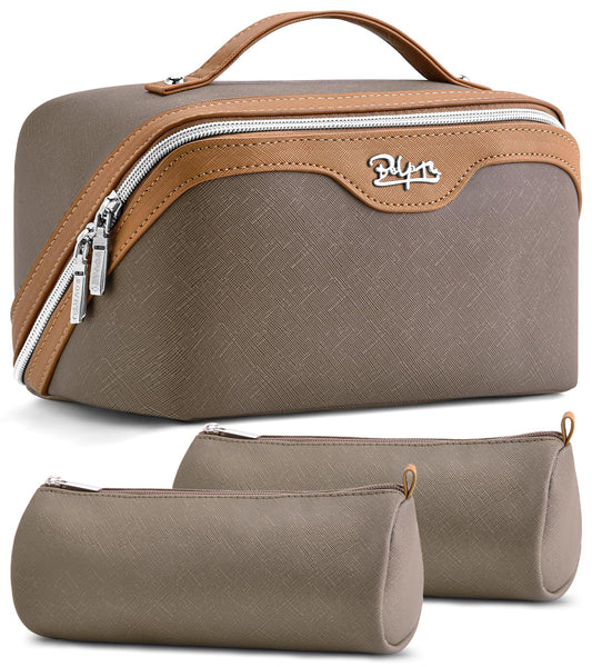 BOYATU Travel Makeup Bag Organizer Cosmetic Bag: 3 Pcs Set Make up Bags for Women with Handle - Waterproof Vegan Leather Toiletry Bags Travel Essentials Pouch with Compartments (A-02-Grey)