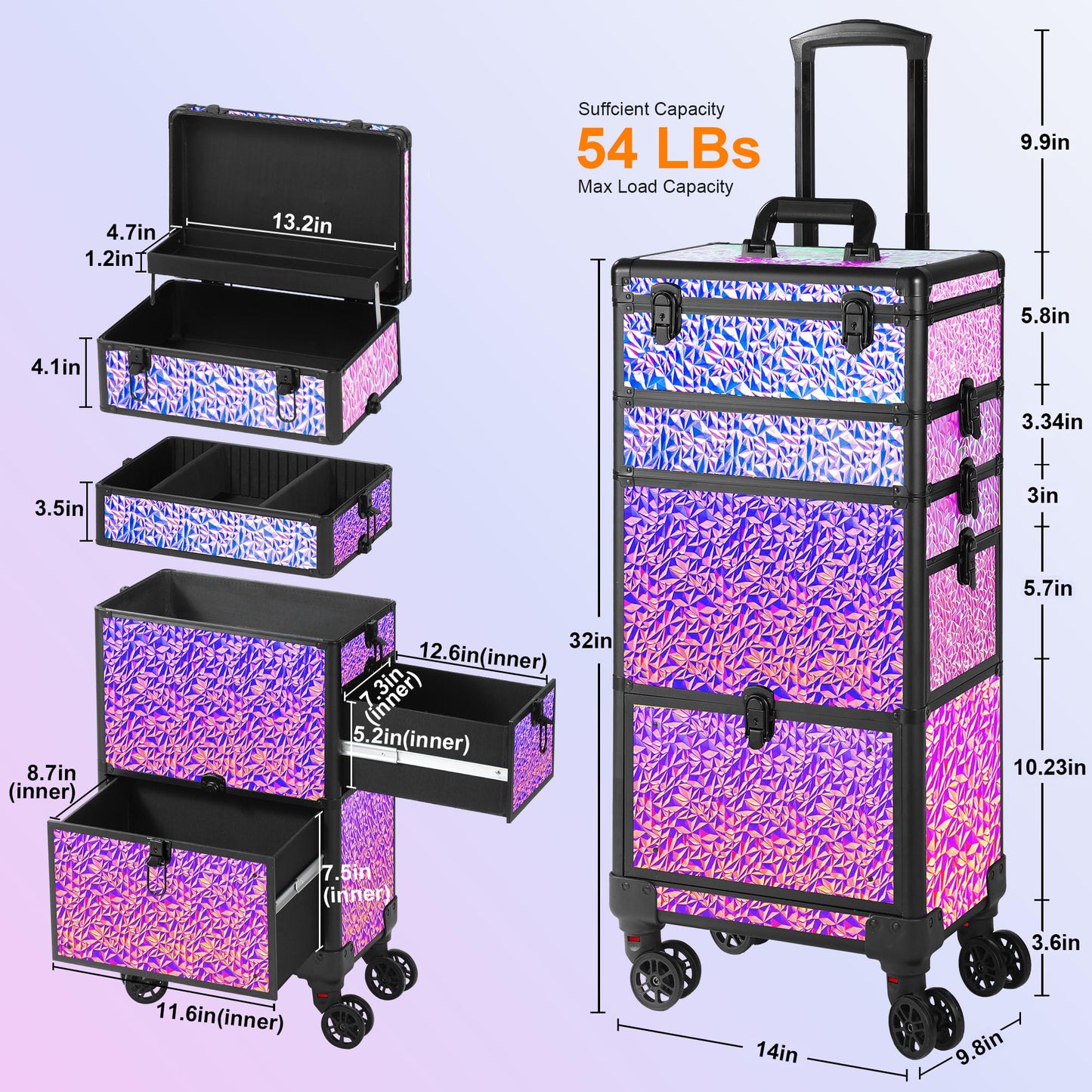 GALHUBIS Rolling Makeup Case with Large Drawer, Makeup Train Case with Tray, Cosmetology Case on Wheels, Travel Makeup Case Organizers, Professional for Salon Barber, Nail, Tattoo, Multicolor Purple