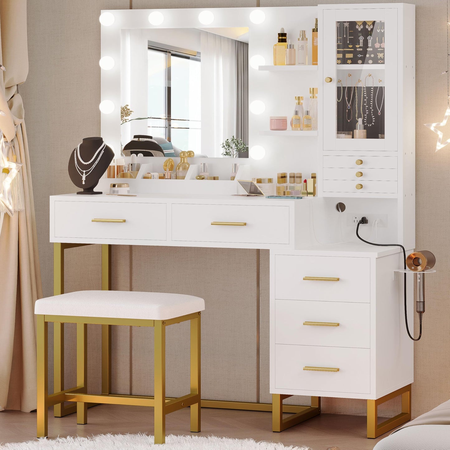 IRONCK Vanity Desk with Mirror and Lights, Jewelry Storage, White & Gold