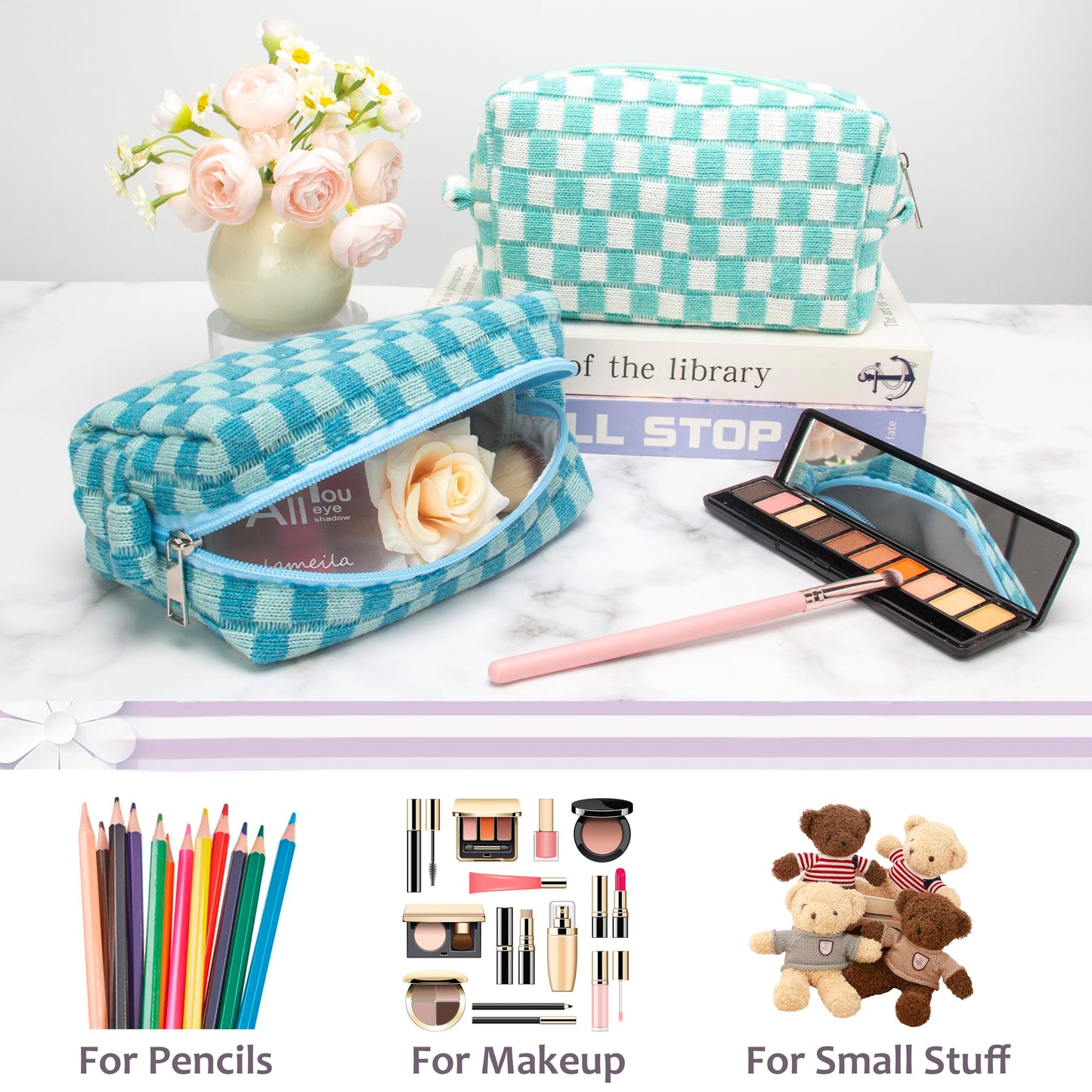 PAZIMIIK Checkered Makeup Bag for Purse Portable Zipper Make Up Pouch Small Cosmetic Case for Travel Accessories (6PCS Lake Blue)