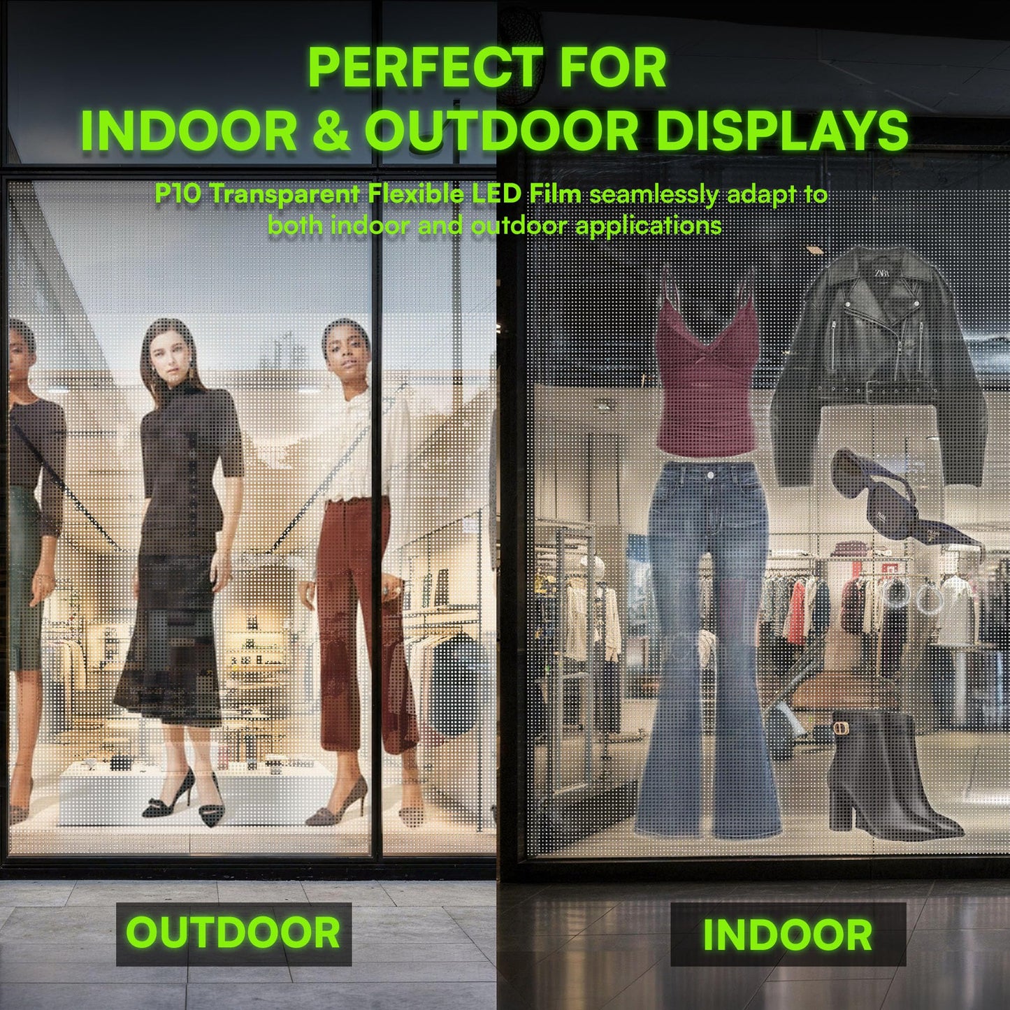 P10 Transparent Flexible LED Film Display for Storefront Windows and Retail Advertising | Directly Applies to Existing Glass Surfaces | Sunlight Visible Screen | Self-Adhesive (3 of P10 plus TB20)