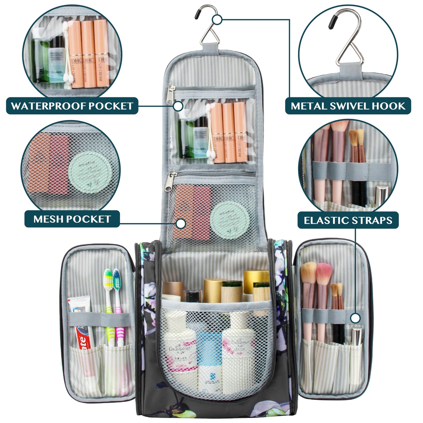 PAVILIA Toiletry Bag Travel Bag for Women Men, Hanging Cosmetic Organizer, Water Resistant Makeup Bag for Accessories Toiletries, Large Travel Essentials Kit (Floral Grey)