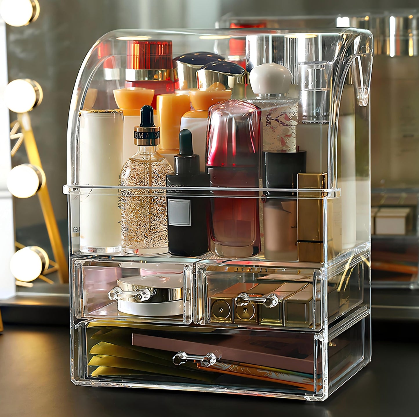 UShioart Clear Large Acrylic Makeup Organizer With Lid Cosmetic Storage Drawers Portable Makeup Organizers Dustproof And Waterproof Box For Women