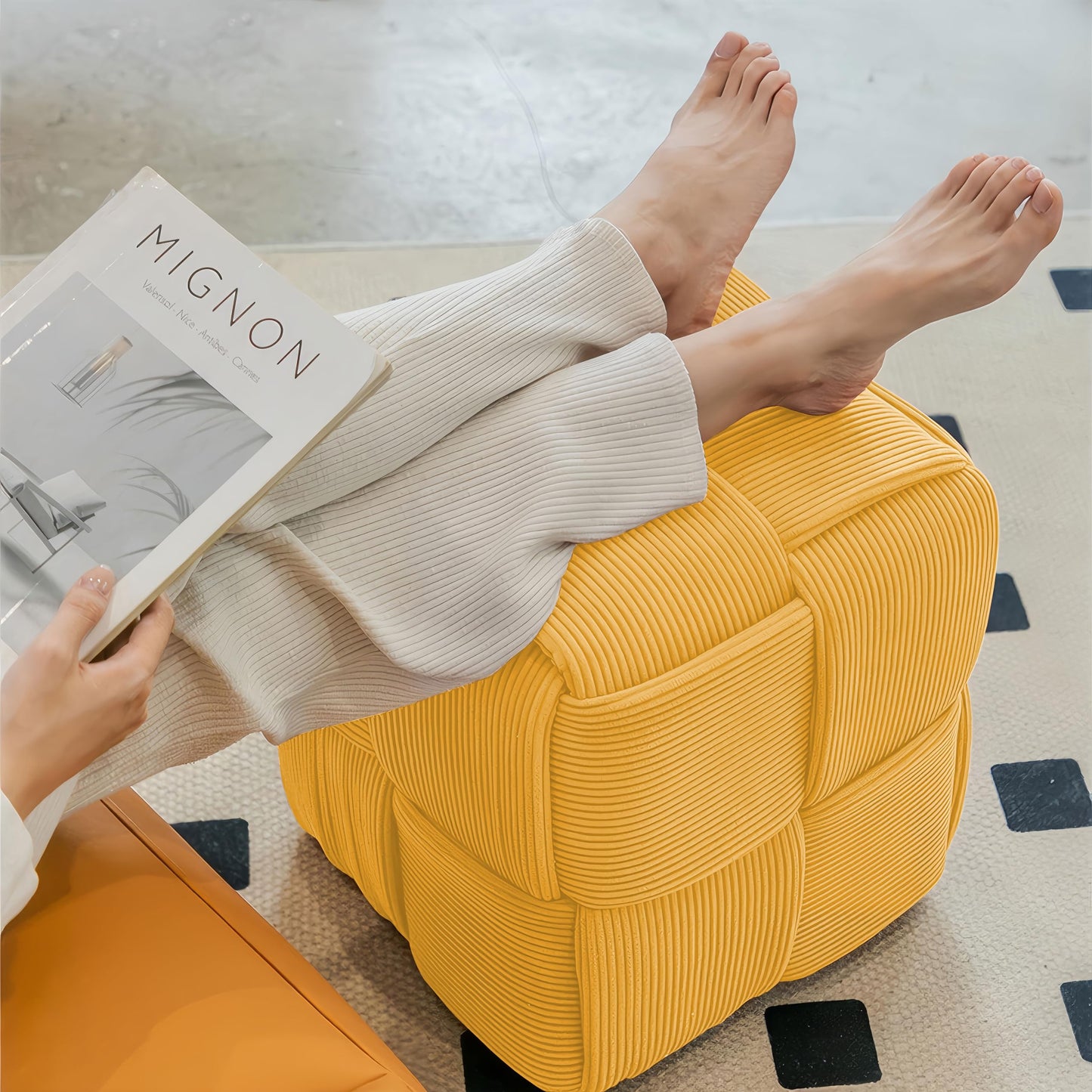 Cmishe 15" Square Woven Corduroy Ottoman Footrest - Modern Vanity Stool for Living Room & Entryway, Eco-Friendly Wood Frame, No Assembly (Yellow)