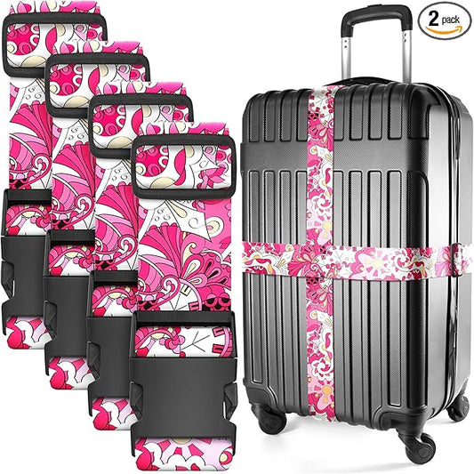 Luggage Straps for Suitcases - TSA Approved - Pink Geometric, 2 PK - Premium Belts for Suitcase, Briefcase & Travel Bag - Adjustable Strap Length 41" - 78"