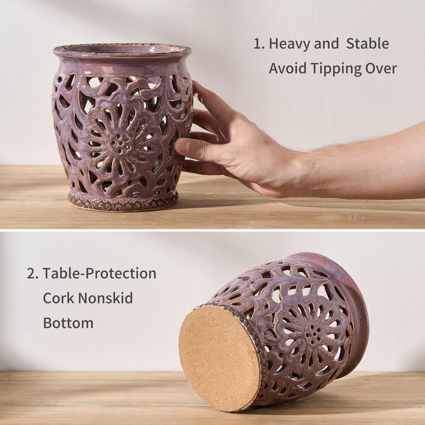 JH JIEMEI HOME Farmhouse Kitchen Utensil Holder for Kitchen Counter, Ceramic Large Cooking Utensil Crock with Cork Mat, Decorative Rustic Utensil Organizer for Countertop, Spatula, Antique Purple