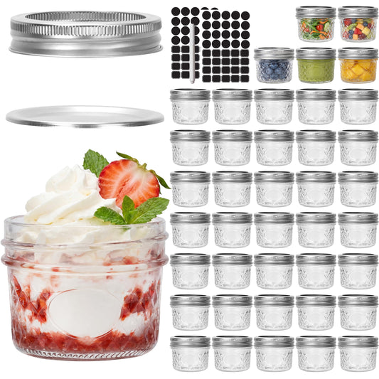 CycleMore 40 Pcs 4oz Clear Glass Mini Mason Jars With Silver Separable Lids and Diamond appearance, Small Spice Canning Jars for Honey, Jam, Jelly, Wedding Favors, Kitchen Food Storage