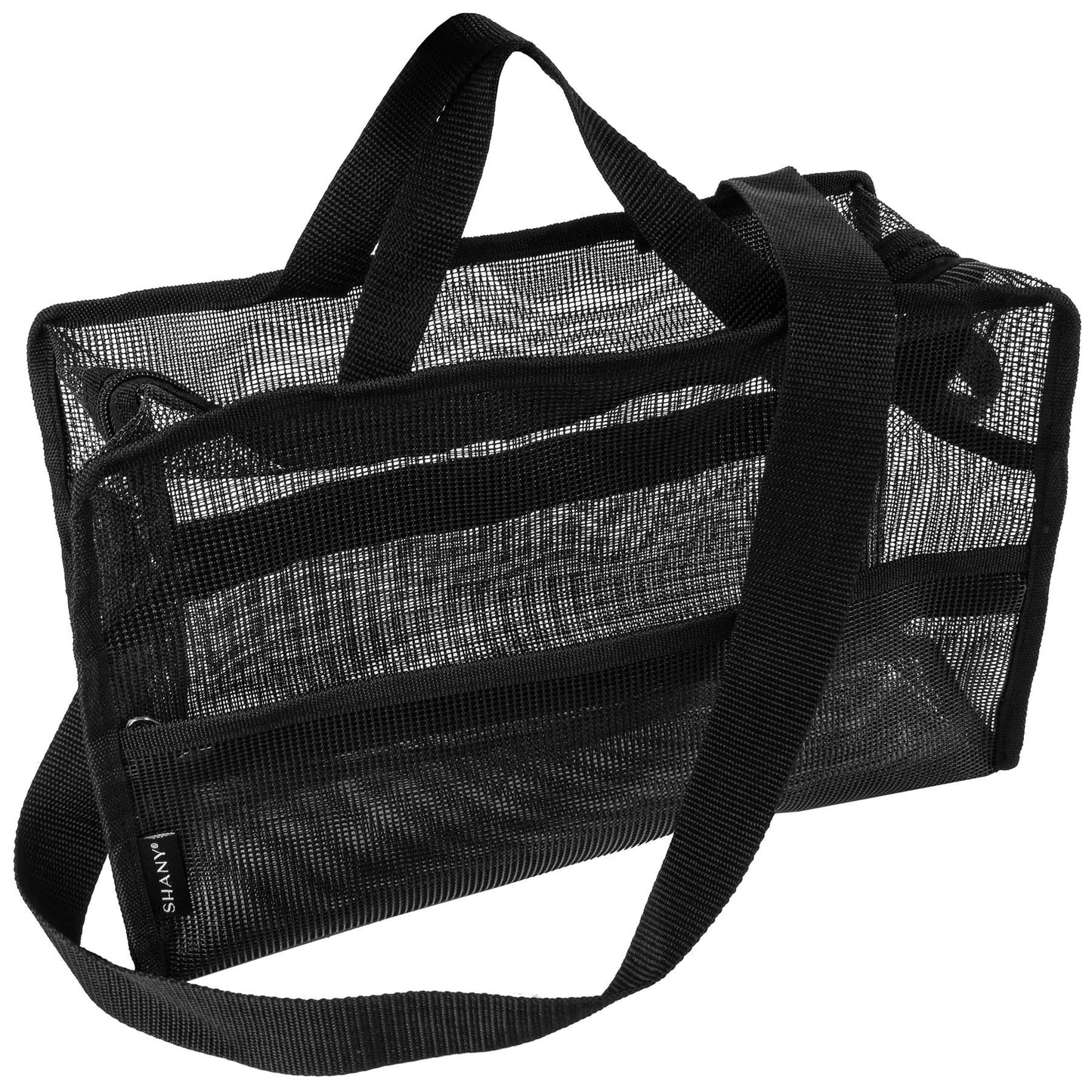 SHANY Collapsible Makeup Tools Travel Mesh Bag – Large See-Thru Travel Tote with Shoulder Straps – Water-Resistant with Zippered Pockets – Black