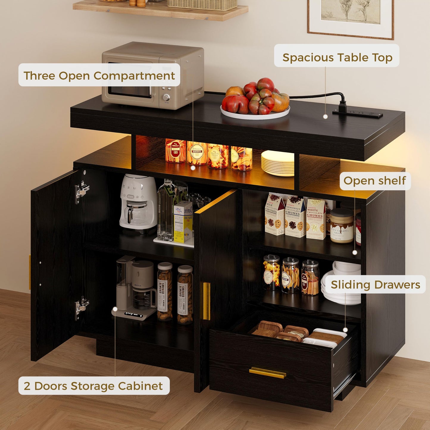 IRONCK Buffet Cabinet, Sideboard Cabinet with Power Outlet and LED Light, Modern Storage Cabinet with Drawer and Shelves, Black