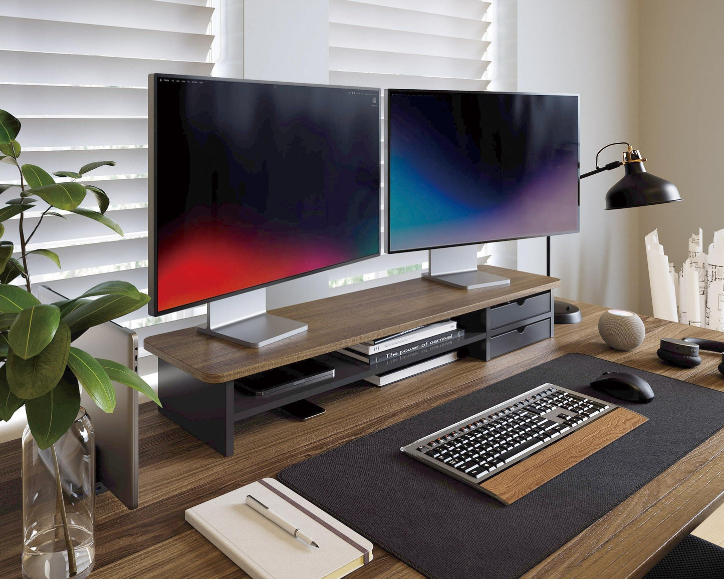 Fenge Monitor Stand, Dual Monitor Riser, 42.5inch Large Desk Computer Monitor Stand Riser with Drawer, 2 Tier Wood & Acrylic Desktop Organizer for Computer, Laptop, Printer, TV Screen Riser