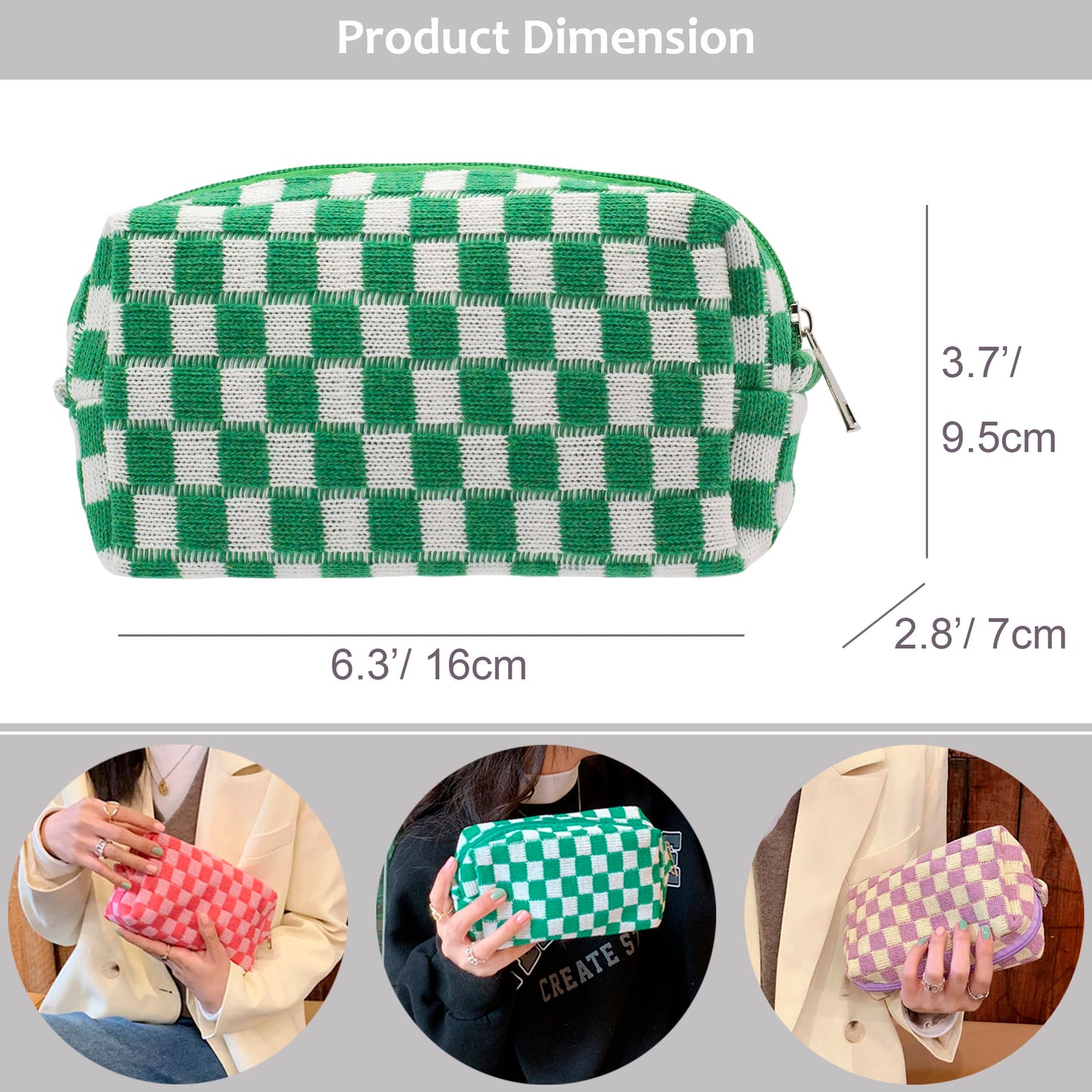 PAZIMIIK Checkered Makeup Bag for Purse Portable Zipper Make Up Pouch Small Cosmetic Case for Travel Accessories (6PCS Green)