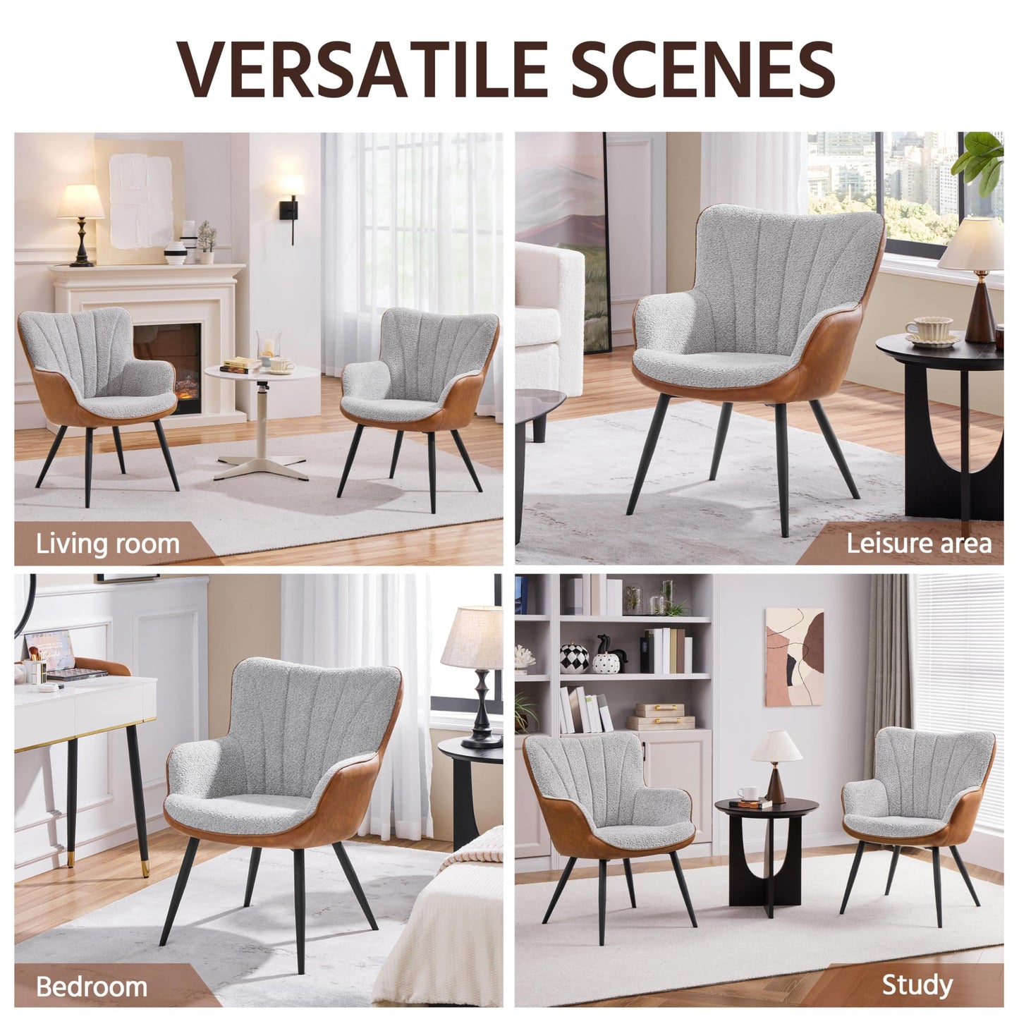 Yaheetech Accent Chair, Modern Fuzzy Boucle Fabric and Faux Leather Armchair, Upholstered Vanity Chair with High Curved Back and Metal Legs for Living Room Makeup Bedroom, Gray/Retro Brown