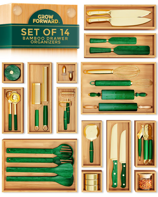 Grow Forward Bamboo Drawer Organizer Boxes - Set of 14 Wooden Drawer Organizers for Kitchen, Bathroom, Office, Desk, Vanity, Makeup - Non-Slip Junk Drawer Organizer Trays for Storage and Organization