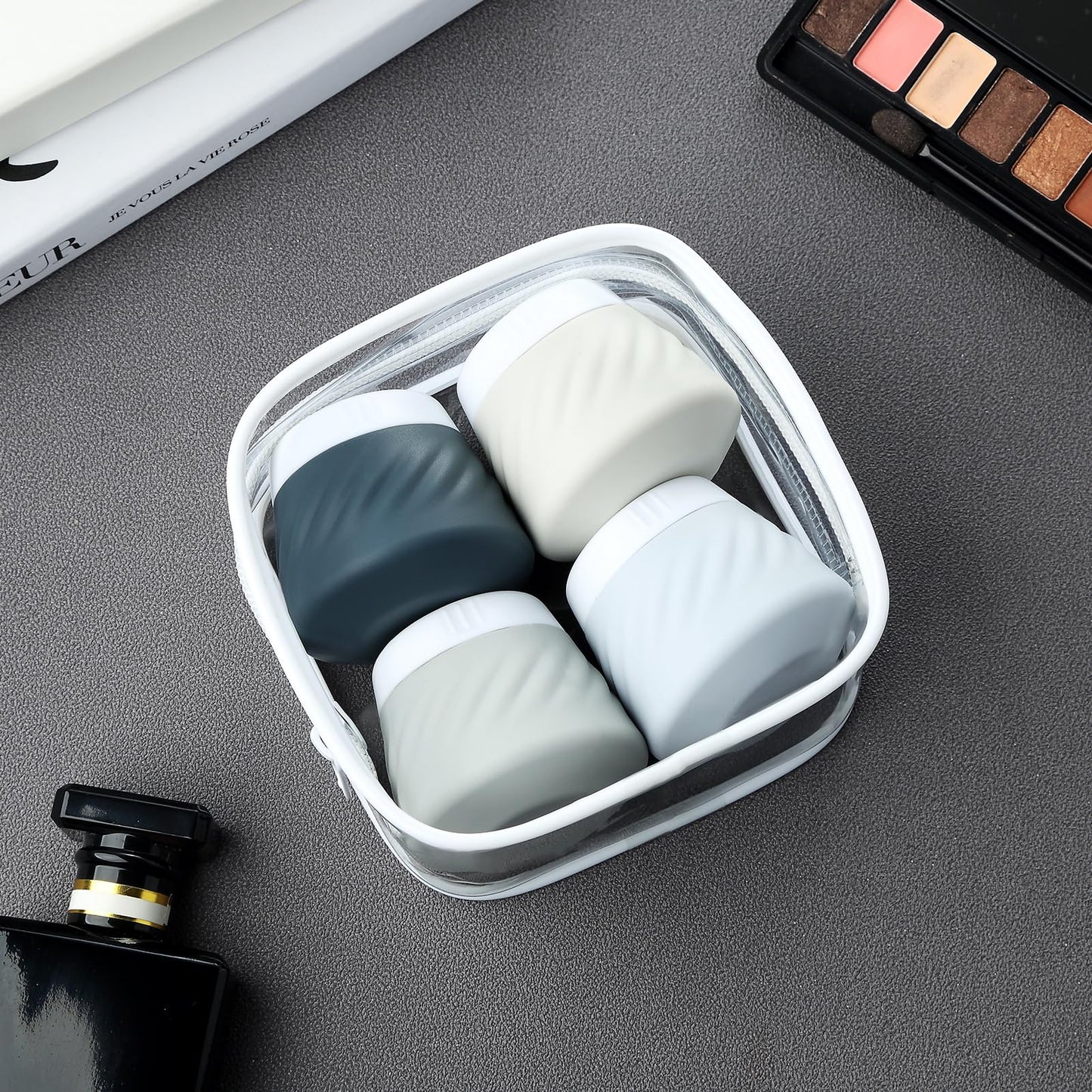 Gemice TSA Approved Travel Containers for Toiletries, 4 Pack Silicone Cream Jars with Convenient Toiletry Bag, Leak-proof Wide Mouth Travel-Size Toiletries Containers with Lid for Cosmetic Cream