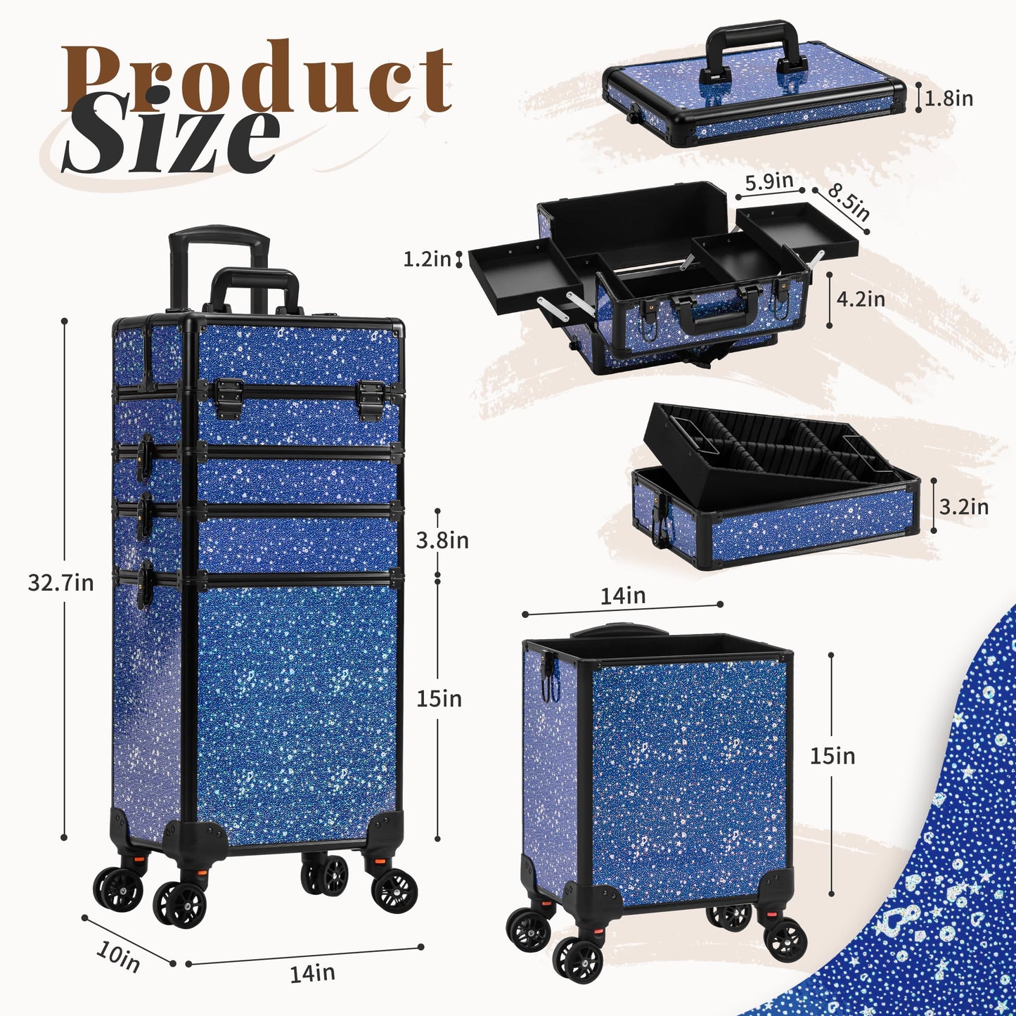 AROUS Rolling Makeup Train Case 5 in 1 Cosmetology Case on Wheels Large Cosmetic Organizer Travel Cart for Hairstylist Artist Nail Beauty Salon Barber,Blue