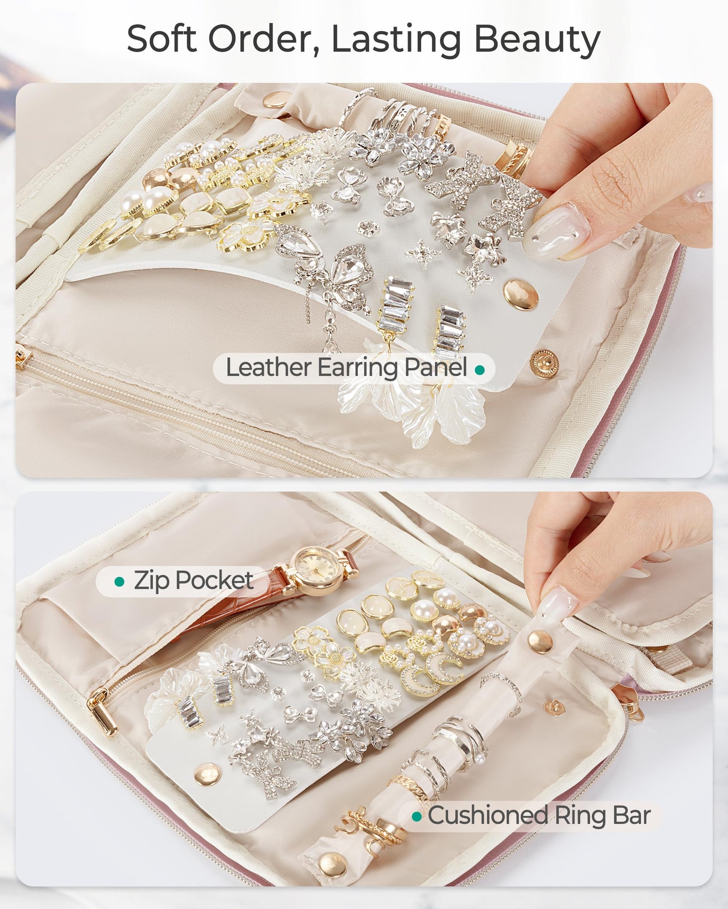 Marscamd Travel Jewelry Organizer Case for Women, Foldable Jewelry Bag for Earrings, Rings, Necklaces, Bracelets, Brooches, Pink