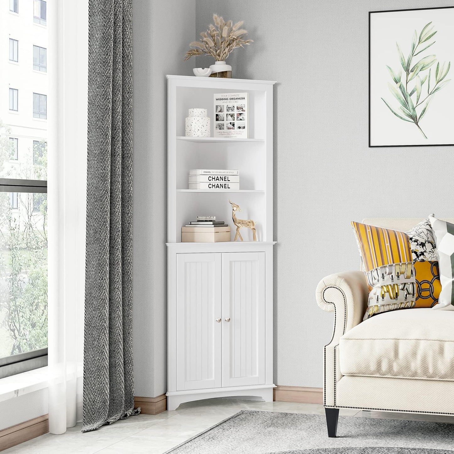 Spirich Tall Corner Cabinet with Doors and Shelves, Freestanding Corner Storage Cabinet for Bathroom, Kitchen, Living Room, White