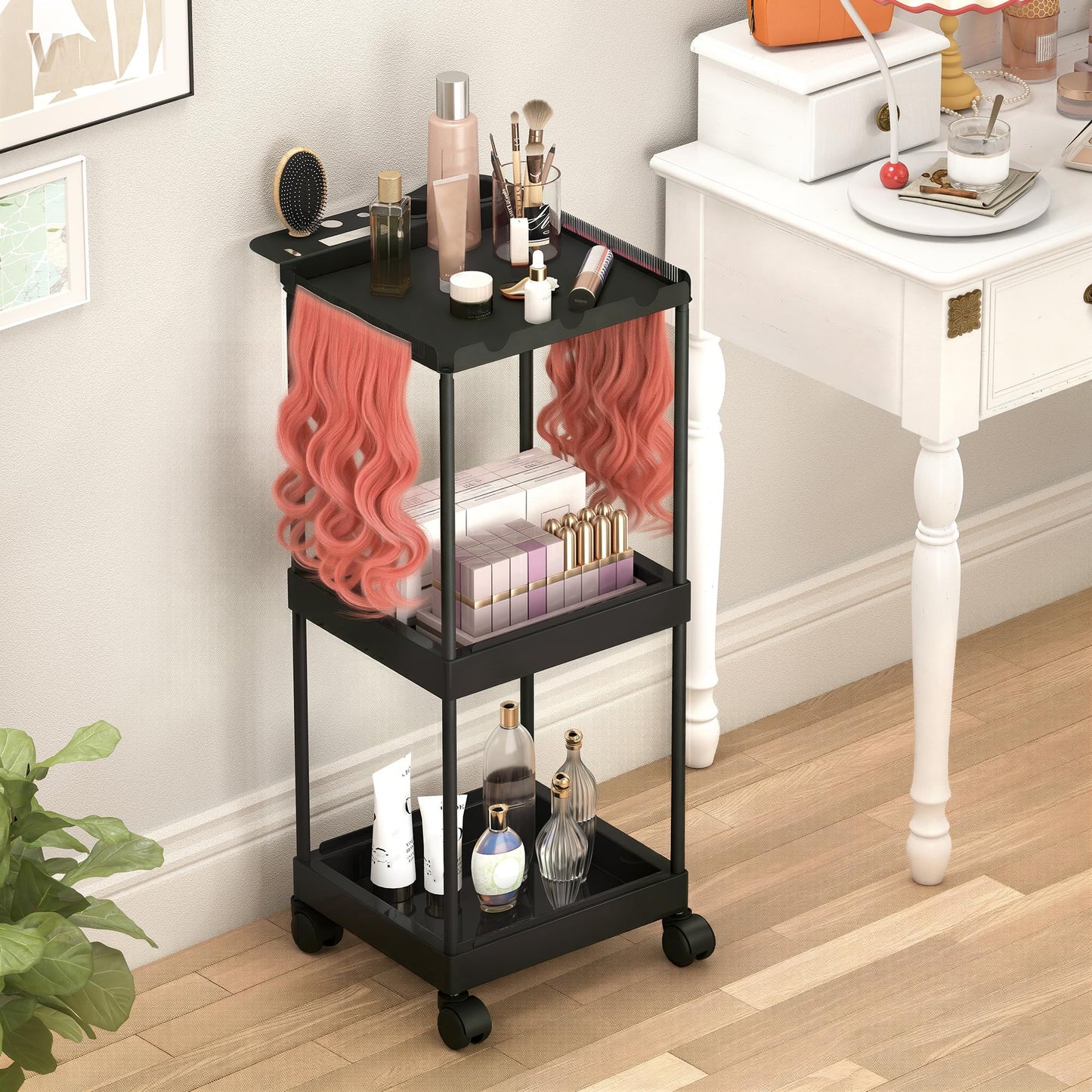 3 Tier Hair Extension Holder, Rolling Hair Extension Tool Trolley Cart, Wigs Styling Braiding Rack Separator Stand, Hairstylist Extensions Hanger Display Stand for Home Beauty Hair Salon Hairdressing