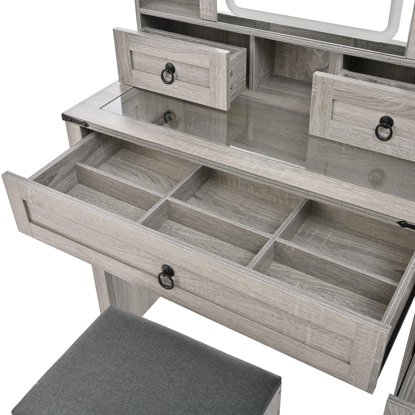 Ball & Cast Vanity Desk with Sliding Mirror and 3 Lighting Modes,Farmhouse Makeup Vanity W/Glass Top & Charging Station,4 Drawers & 2 Cabinets,Dressing Table W/Stool for Bedroom,Gray