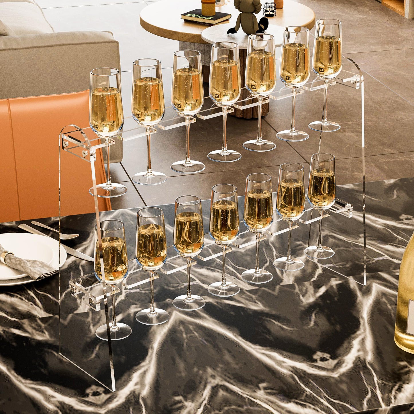 Hexsonhoma 2 Tier Acrylic Champagne Flute Holder Stand with 14 Slots, Stemware Champagne Glasses Display Rack, Tabletop Champagne Wall Holder for Party 50 Fit up to 8oz Champagne Flutes(Glasses Not included)