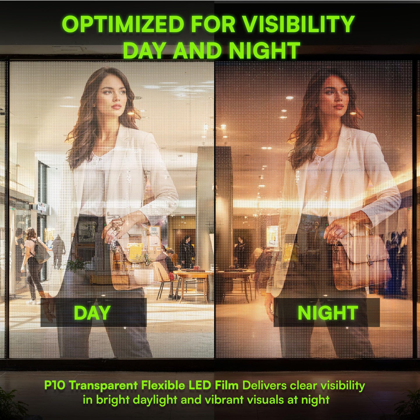 P10 Transparent Flexible LED Film Display for Storefront Windows and Retail Advertising | Directly Applies to Existing Glass Surfaces | Sunlight Visible Screen | Self-Adhesive (3 of P10 plus TB20)