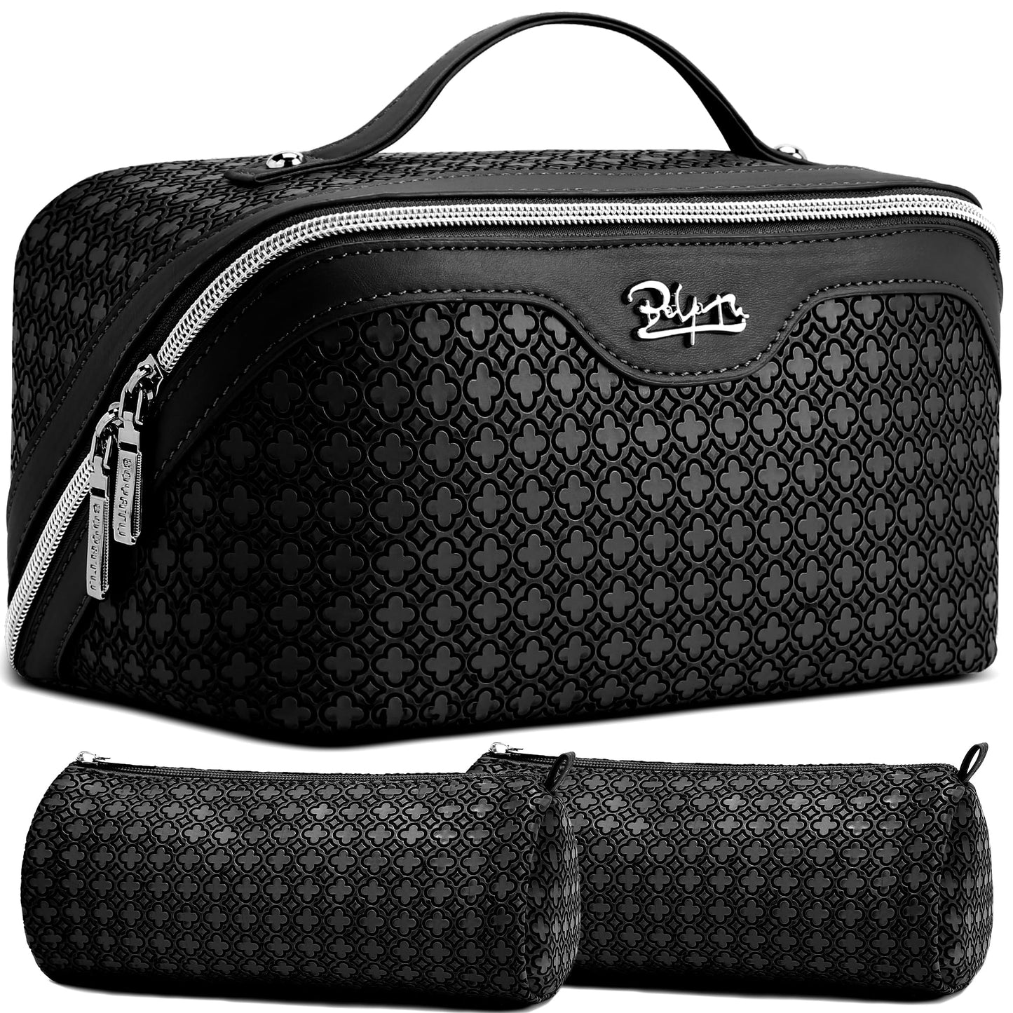 BOYATU Travel Makeup Bag for Women: Four Leaf Clover Large Capacity 3 Pcs Set Cosmetic Bags - Waterproof 50% Extra Space for Toiletry Organizer - Travel Essentials for Fortunate (06 Black)