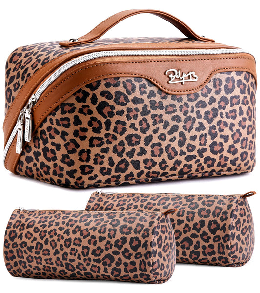 BOYATU Travel Makeup Bag Organizer: 3 Pcs Set Leopard Make up Bag for Women